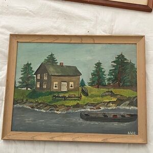 Framed Landscape Painting with Wooden Frame
